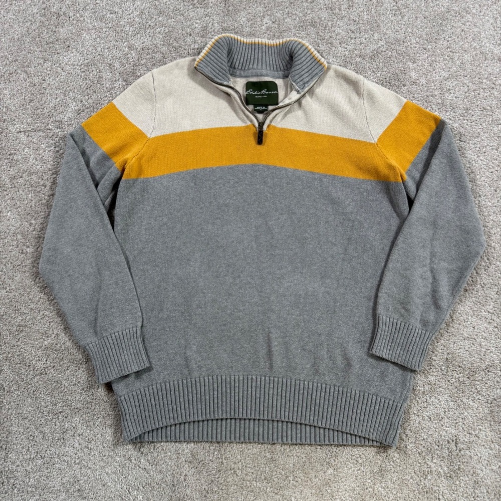 Eddie Bauer Mens Tall XL Quarter Zip Colorblock Sweater Grey Yellow Cream
